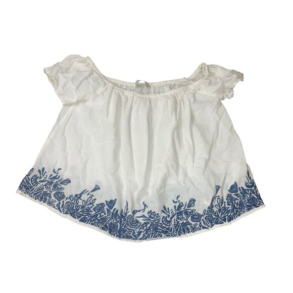 ZARA BASIC Women's XS Embroidered Blouse White with Blue Off-the-Shoulder - Picture 5 of 10